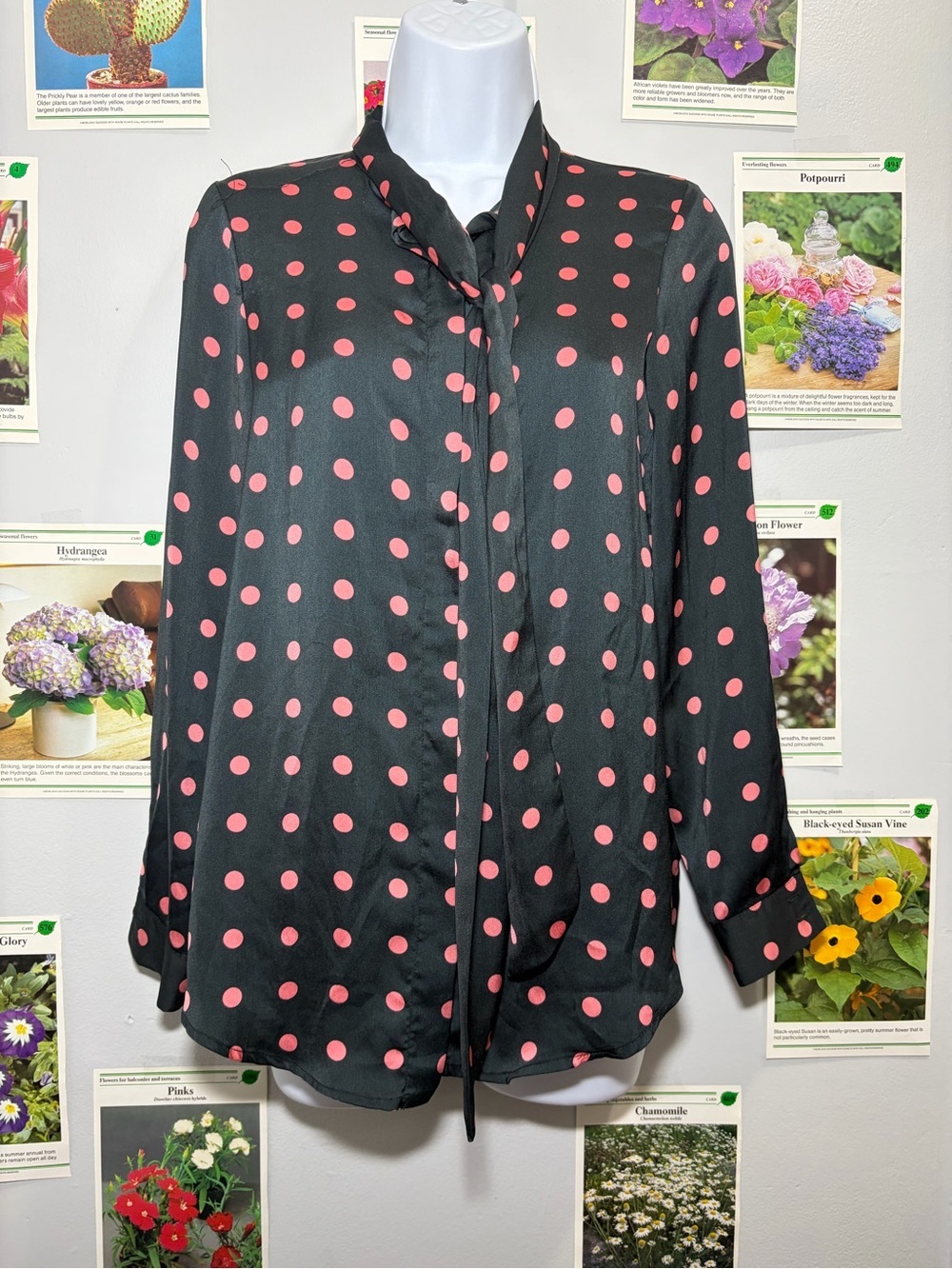 Zara Black Button-Down Blouse with Pink Polka Dots